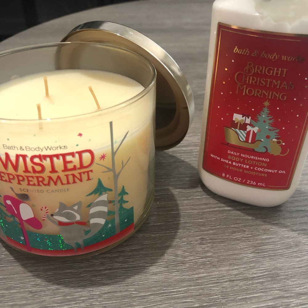 Twisted Peppermint candle and Bright Christmas Morning lotion from B&B Works.